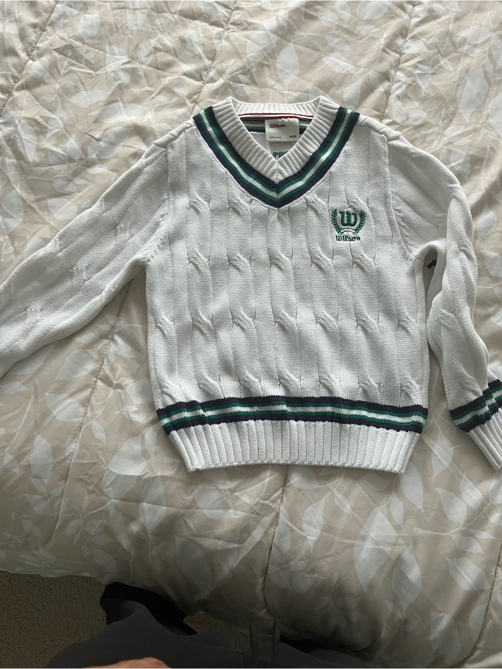Wilson White V-Neck Cable Knit Sweater with Green & Navy Trim